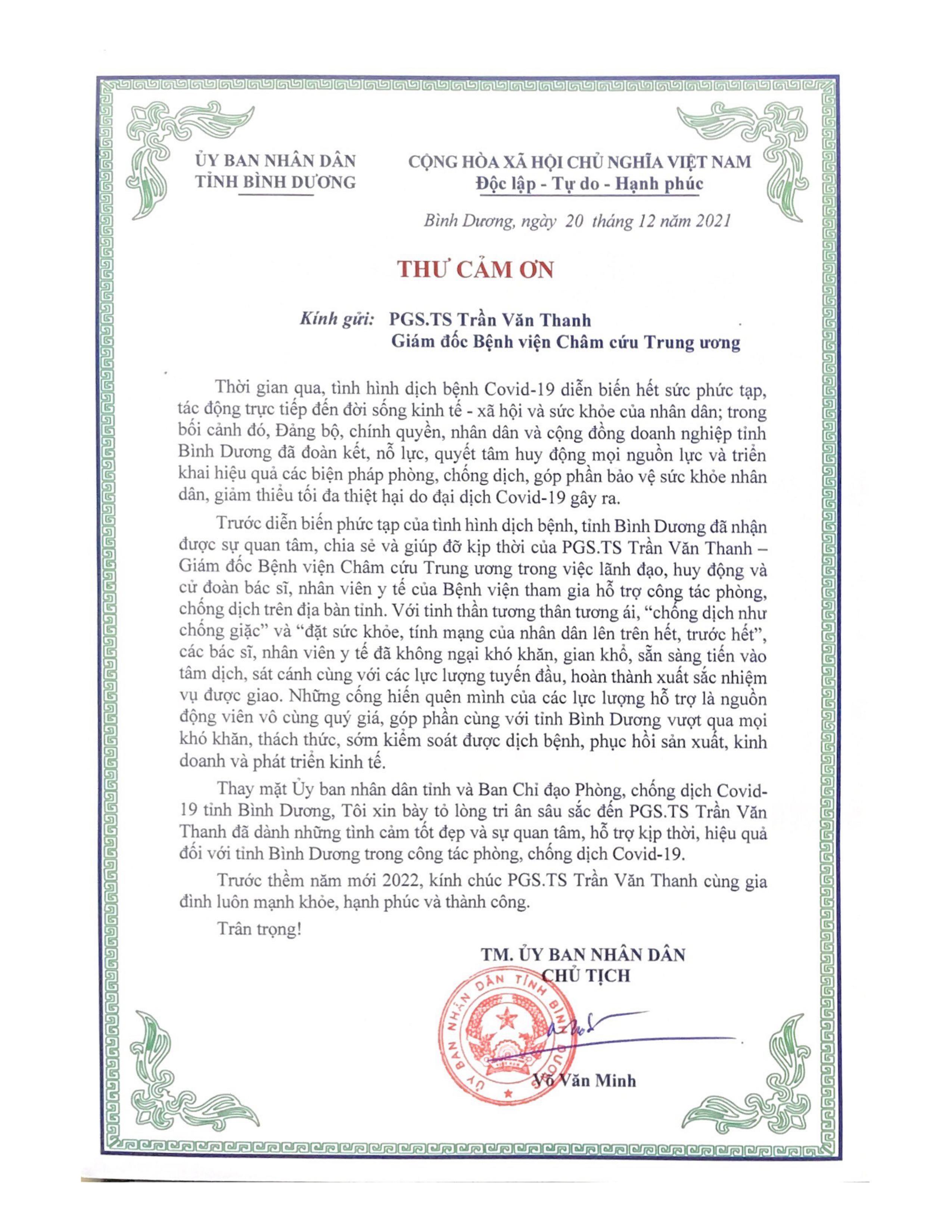 UBND tỉnh Bình Dương cảm ơn Bệnh viện Châm cứu Trung ương trong công tác phòng chống dịch Covid- 19