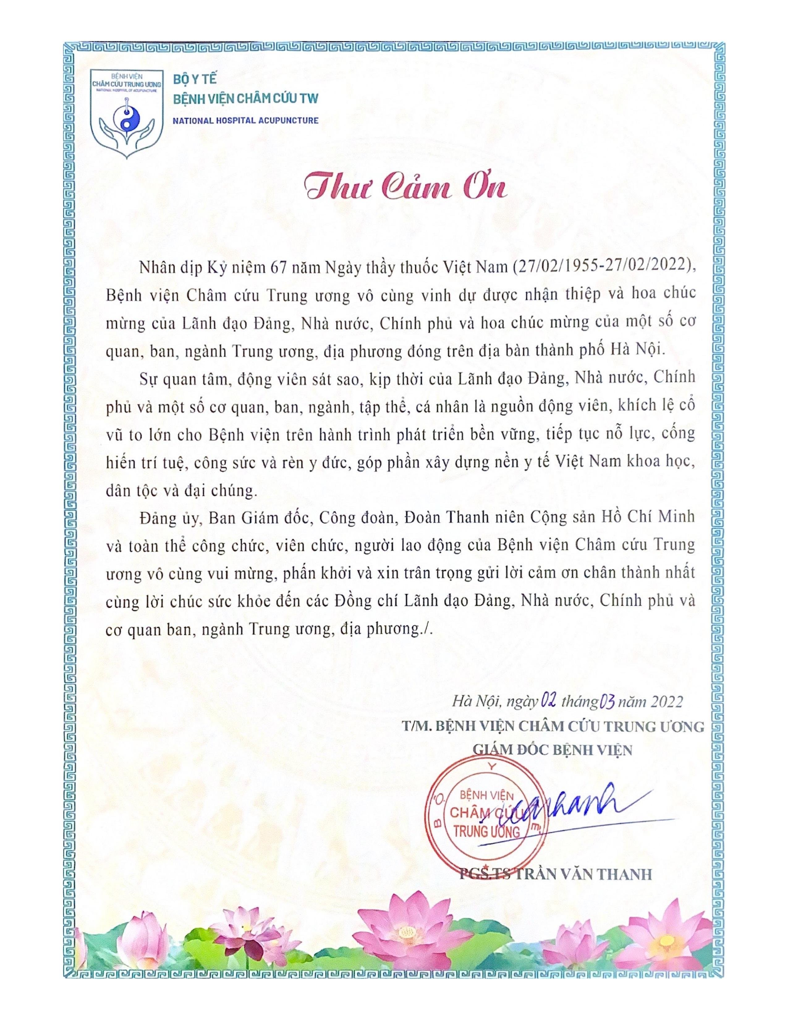 Thư cảm ơn ngày Thầy thuốc Việt Nam